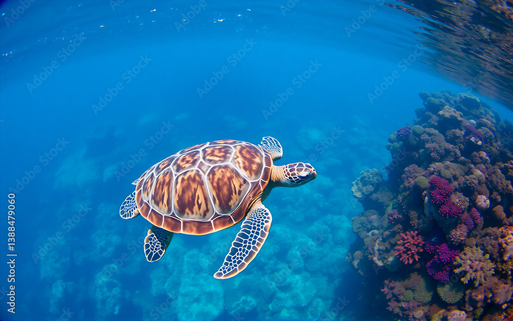 Obraz premium A sea turtle glides through the clear blue ocean near a colorful coral reef. Sunlight penetrates the surface, illuminating the underwater scene of marine life.
