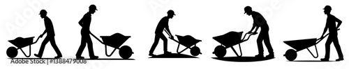 vector set of silhouettes of construction workers pushing wheelbarrows