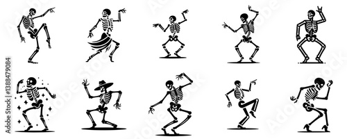 dancing skeleton silhouette vector set