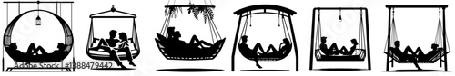 vector set of silhouettes of a couple of lovers on a swing