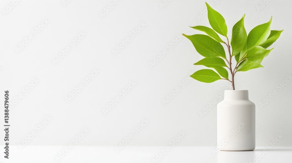 Fresh green leaves in a simple white vase Fresh green leaves in a simple white vase
