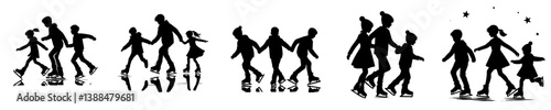 vector set of silhouettes of kids playing roller skates