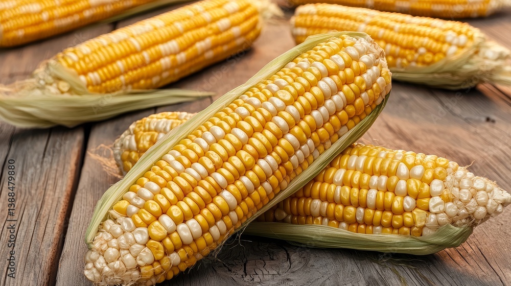 Fresh Corn on the Cob on a Wooden Table Surrounded by Warm Summer Atmosphere