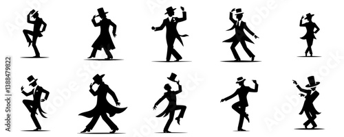 vector set of silhouettes of men with hats dancing