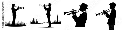 vector set of silhouettes of men playing trumpet
