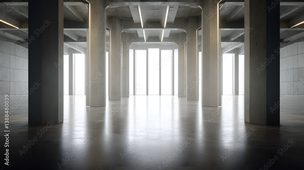 Vast Concrete Hall with Columns and Glowing Windows, Minimalist Modern Architecture Vast Concrete Hall with Columns and Glowing Windows, Minimalist Modern Architecture