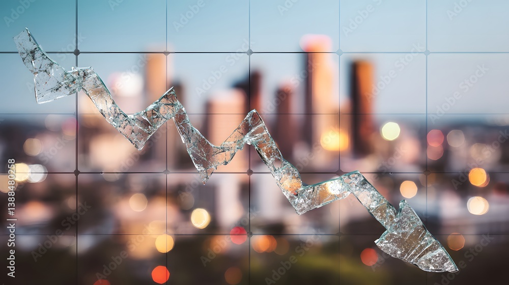 A shattered glass graph trending downward over a city skyline, symbolizing economic decline and lost consumer confidence