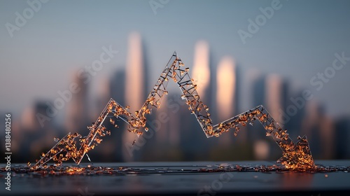 A shattered glass graph trending downward over a city skyline, symbolizing economic decline and lost consumer confidence	