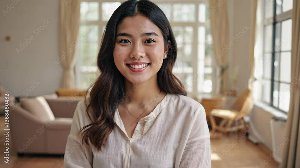 Attractive young woman with a bright smile is in a home setting with neutral colors and natural light, a friendly and genuine expression. Attractive young woman with a bright smile is in a home setting with neutral colors and natural light, a friendly and genuine expression.