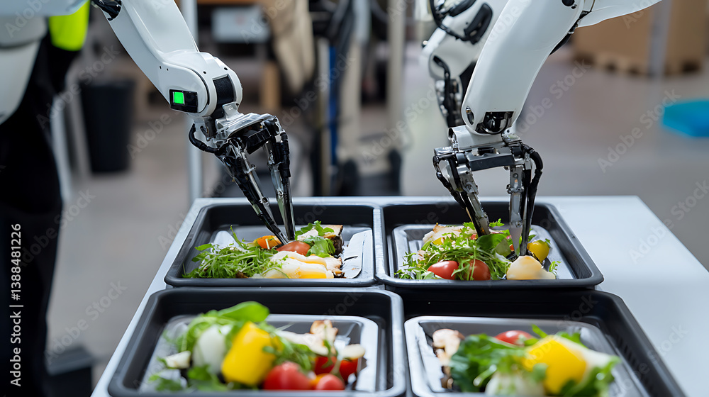 Mechanical arms constructing autonomous robots for automated food delivery systems in an urban tech lab, robotic arms fitting food trays, sensors