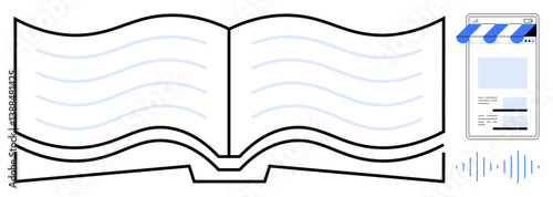 Open book with wavy lines, smartphone storefront interface, and audio wave symbolizes knowledge, accessibility, modern technology. Ideal for education, e-learning, audiobook, publishing