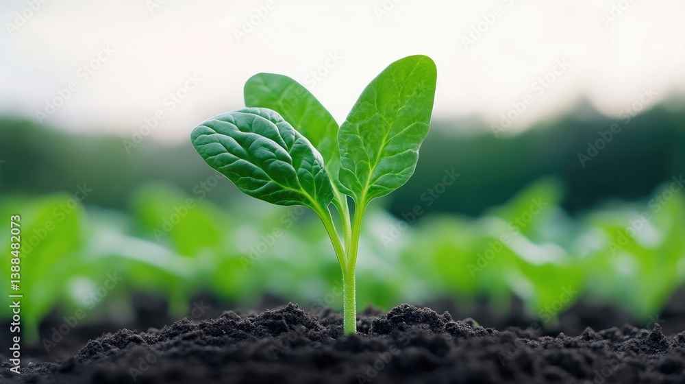 A vibrant green seedling sprouts from dark soil. Other seedlings are softly blurred in the background, creating depth. The image is high-quality, with natural lighting enhancing the plants detail. It A vibrant green seedling sprouts from dark soil. Other seedlings are softly blurred in the background, creating depth. The image is high-quality, with natural lighting enhancing the plants detail. It