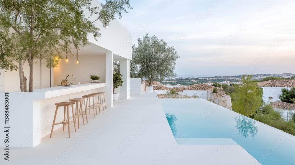 Fototapeta premium A modern outdoor bar with stools overlooking an infinity pool, white minimalist architecture, lush greenery, serene sunset sky, and luxury lifestyle concept.