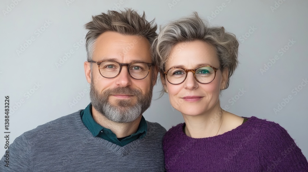 A mature couple wearing glasses posing closely together in a studio setting, soft lighting highlights their friendly expressions, and casual attire.