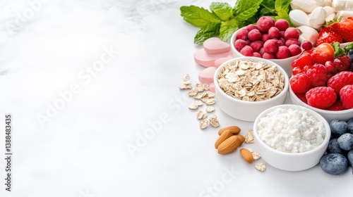 Healthy breakfast ingredients arranged on a marble surface.  Fresh berries, oats, cottage cheese, almonds, and leafy greens.  Supplements visible