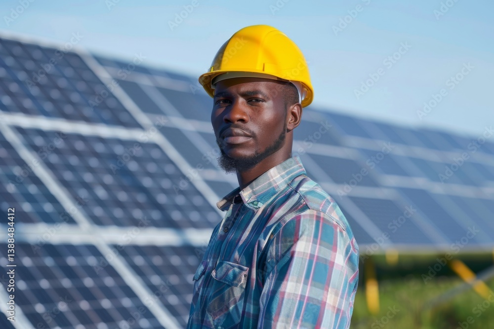 Portrait of a young african american male engineer on solar farm Portrait of a young african american male engineer on solar farm