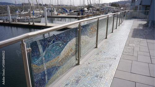 Uncover the Vibrant Fusion of Art and Function in a Contemporary Mosaic Railing by the Harbor, Creating a Striking Visual Statement of Modern Coastal Design and Urban Sophistication