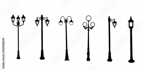 Street light hand drawn vector doodle sketch isolated on white background, Lamp posts silhouettes, ink drawing illustration, decorative vintage set brush template for design printing, elements pattern