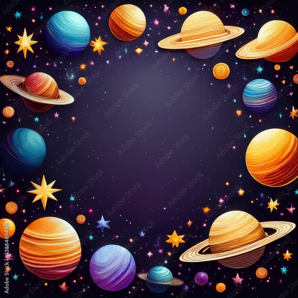 Naklejka premium border frame of planets and stars background with copy space, science graphic resource