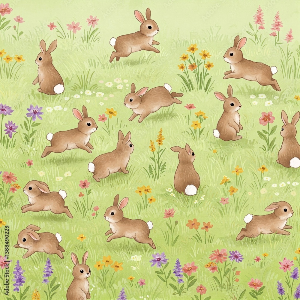 Naklejka premium Adorable Brown Rabbits Hopping in a Spring Meadow Wildflowers Nature Cute Bunnies