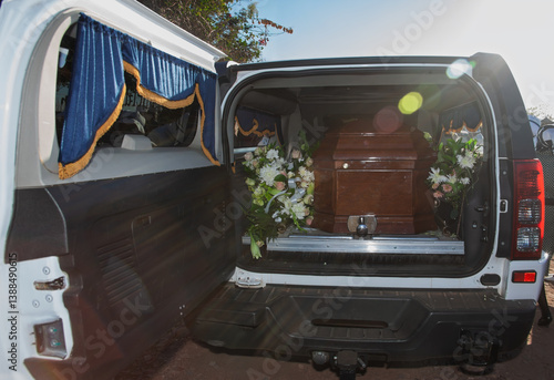 Fényképezés hearse funeral truck with the coffin and dead body inside, Mortuary van surround