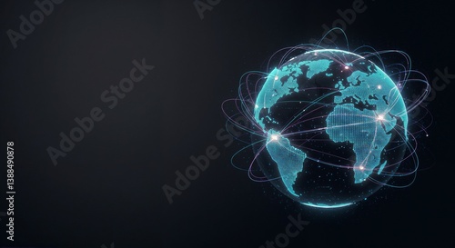 A high-tech visualization of the Earth, glowing with data connections on a dark background