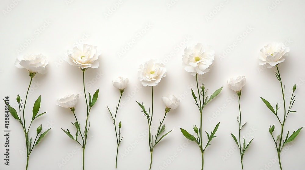 Fototapeta premium Elegant Row of White Lisianthus Flowers on White Background