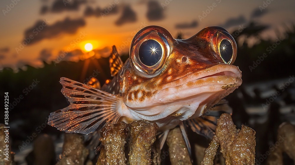 Mudskipper fish perched mangrove roots at low tide bulging eyes reflecting tropical sunset macro detail of amphibious adaptations Mudskipper fish perched mangrove roots at low tide bulging eyes reflecting tropical sunset macro detail of amphibious adaptations