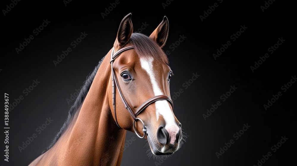 A majestic brown horse with white blaze standing in profile, elegant and strong, dark studio background, and close-up portrait of equine beauty. A majestic brown horse with white blaze standing in profile, elegant and strong, dark studio background, and close-up portrait of equine beauty.
