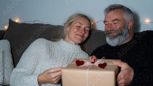 Romantic couple opening a gift at home