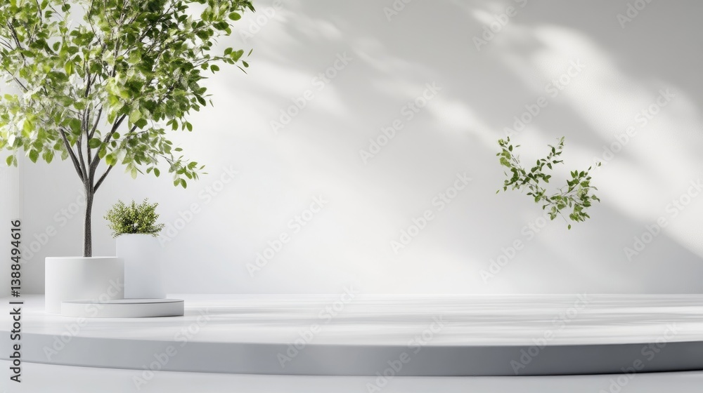 Obraz premium White Platform Minimalist Plants Soft Lighting, High-resolution Circular Display, Clean Lines Peaceful Scene, Studio Backdrop, Bright Neutral Tones, Ideal for Product Showcase