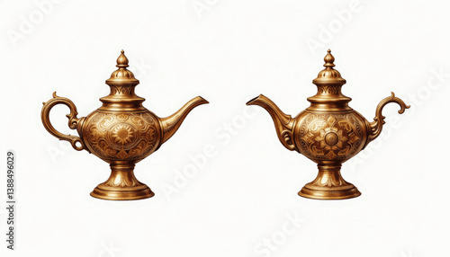 Pair of Arabian Ornate Golden Teapots on White Background