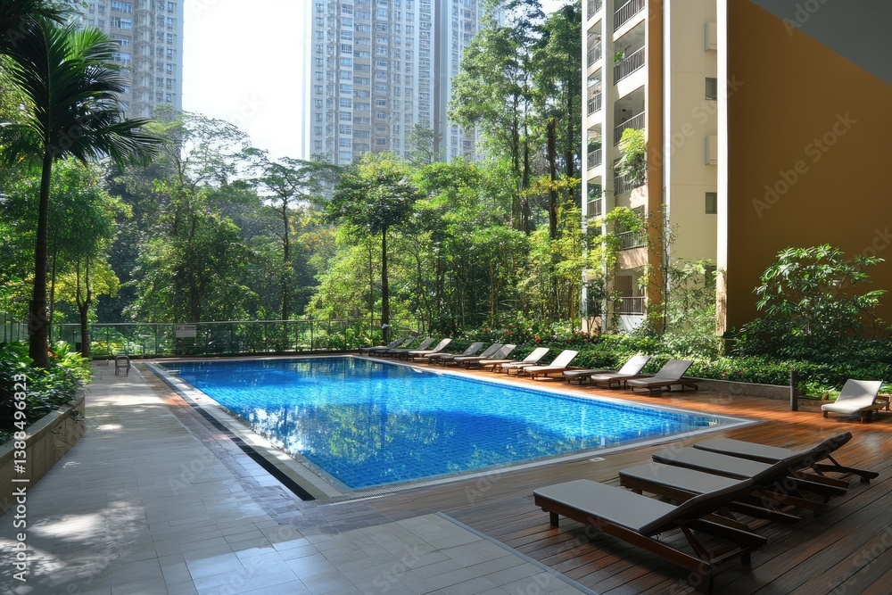 Tranquil pool area with lush landscaping, perfect for relaxation Tranquil pool area with lush landscaping, perfect for relaxation