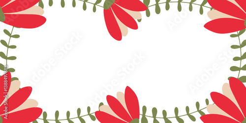 A beautiful floral frame featuring red flowers and green leaves on a white background