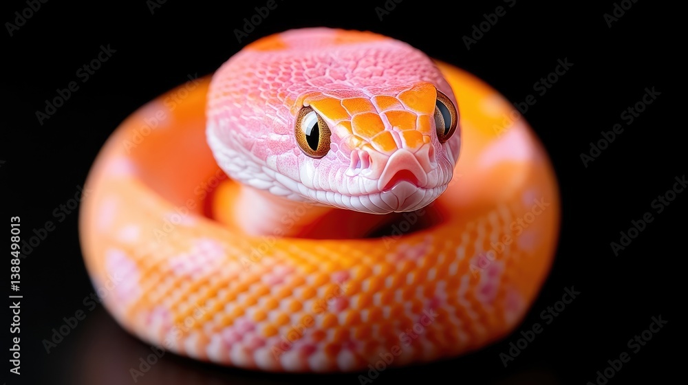 Fototapeta premium A pink and orange snake is coiled in a ring, its head prominent in the center. The image is sharply focused, showcasing the snakes scales. Lighting is dramatic, highlighting the snake against a blac
