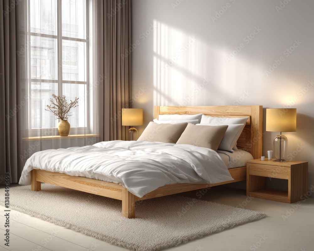 A tranquil bedroom featuring a light maple wood bed frame with soft white bedding A tranquil bedroom featuring a light maple wood bed frame with soft white bedding