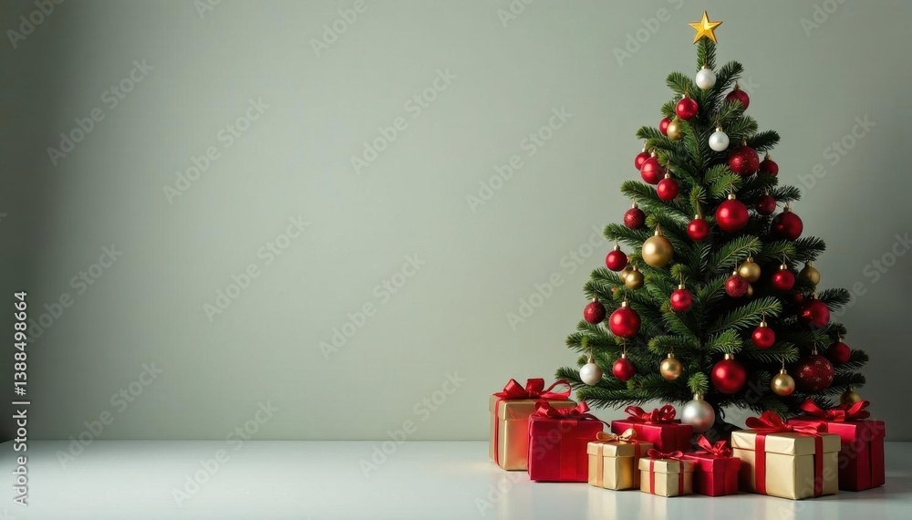 Fully decorated tree surrounded by wrapped gifts, packages, presents under tree Fully decorated tree surrounded by wrapped gifts, packages, presents under tree
