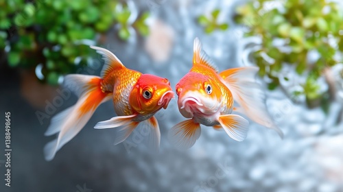 Two orange and white goldfish face each other, their fins elegantly spread. They are the focal point against a softly blurred background of aquatic plants. The image is high-resolution, showcasing fi
