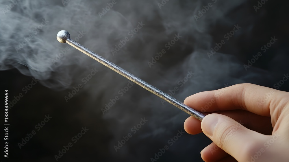 Naklejka premium Closeup of Hand Holding Metallic Stick with Smoke Background