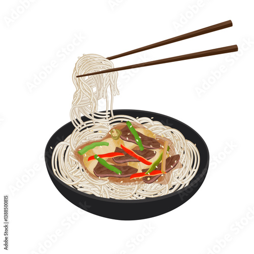 Vector Illustration Logo Clipart Ready to eat Laghman Noodles with Chopstick 