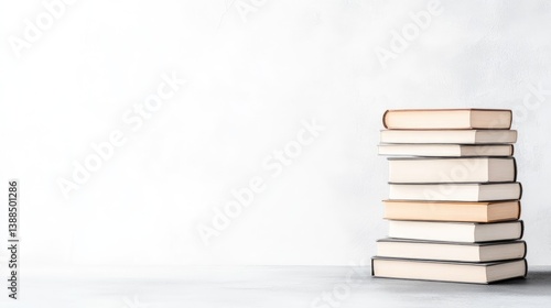 A stack of books sits on a light gray surface against a white background. The books are various shades of off-white and beige, creating a neutral palette. The image is high-quality and well-lit, pres