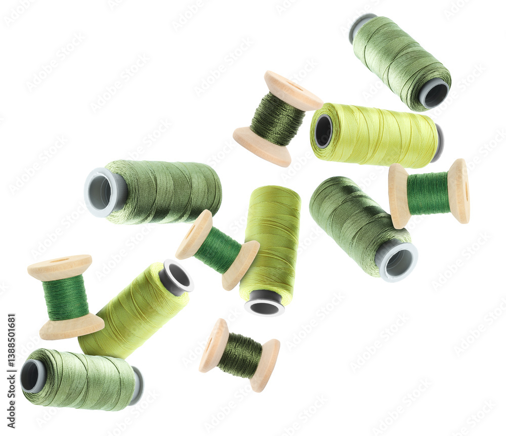 Many sewing threads in different shades of green flying on white background Many sewing threads in different shades of green flying on white background