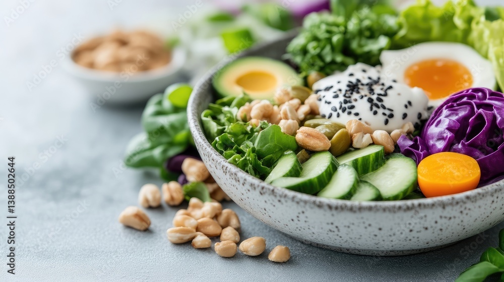 A vibrant bowl of fresh salad with chickpeas, avocado, cucumber, and colorful vegetables on a rustic wooden table, and healthy eating concept. A vibrant bowl of fresh salad with chickpeas, avocado, cucumber, and colorful vegetables on a rustic wooden table, and healthy eating concept.
