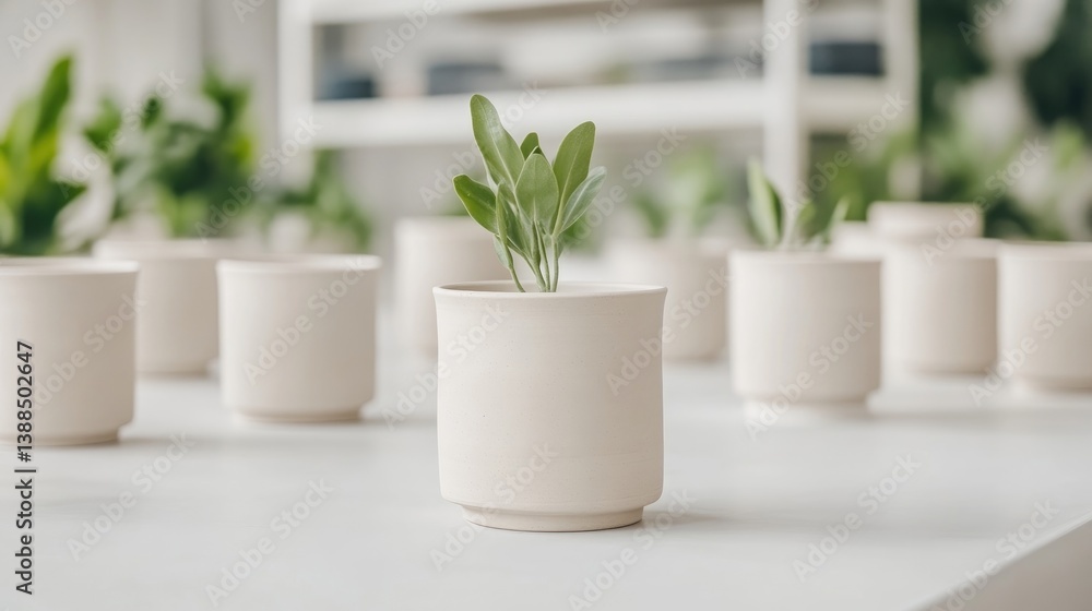 A pale beige cylindrical planter holds a small sage plant. Surrounding it are several similar, slightly blurred planters. The image is high quality with soft, natural lighting. Its minimalist style A pale beige cylindrical planter holds a small sage plant. Surrounding it are several similar, slightly blurred planters. The image is high quality with soft, natural lighting. Its minimalist style