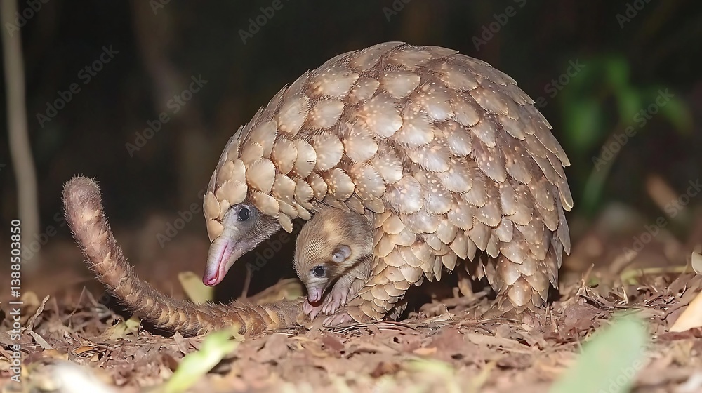 Obraz premium Pangolin mother carrying pup tail Asian rainforest floor golden hour through canopy