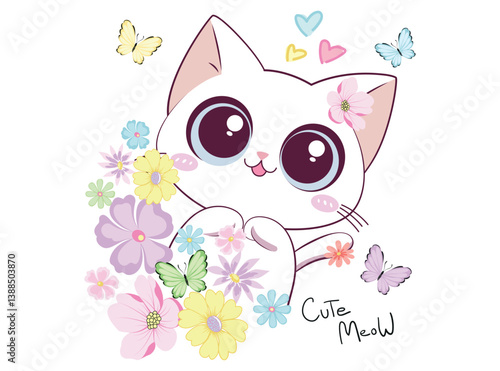 Adorable kitten surrounded by butterflies and flowers