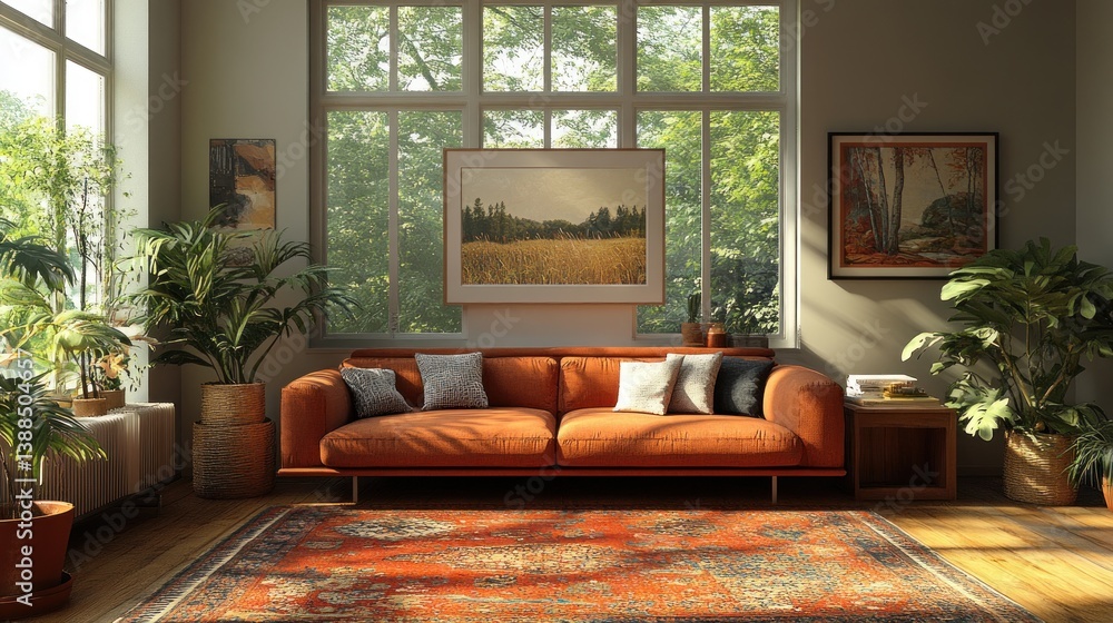 Obraz premium Sunlit Living Room with Orange Sofa and Lush Greenery
