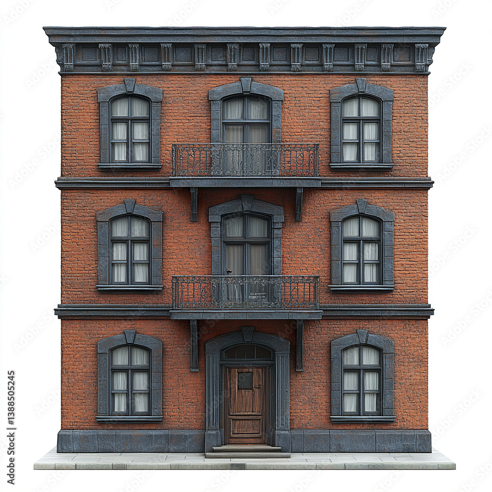 three story brick building with balconies and arched windows three story brick building with balconies and arched windows