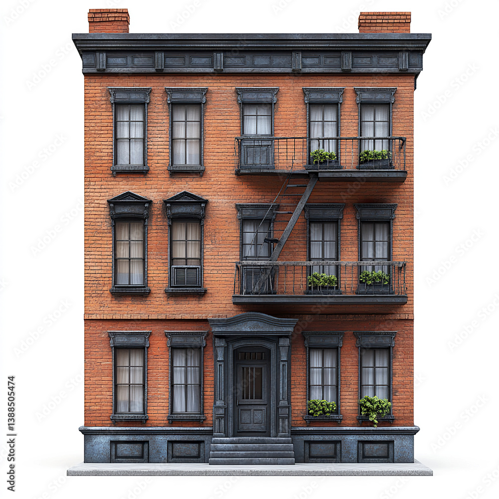 classic brick building with fire escape and potted plants classic brick building with fire escape and potted plants