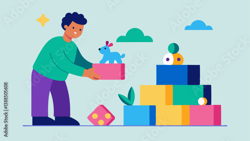 Curating for Kids A curator selecting colorful toys and educational materials for a subscription box aimed at young children displaying thoughtful consideration for developmental
